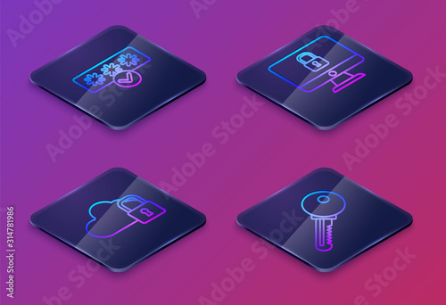 Set Isometric line Password protection and safety access, Cloud computing lock , Lock on computer monitor screen and Key . Blue square button. Vector