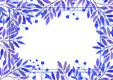 Frame with blue leaves on white isolated background . Horizontal frame orientation . Watercolor compositions for the design of greeting cards or invitations.