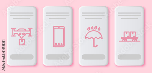 Set line Delivery drone with the package , Mobile phone with app delivery tracking, Umbrella and rain drops and Railway carriage . White rectangle button. Vector