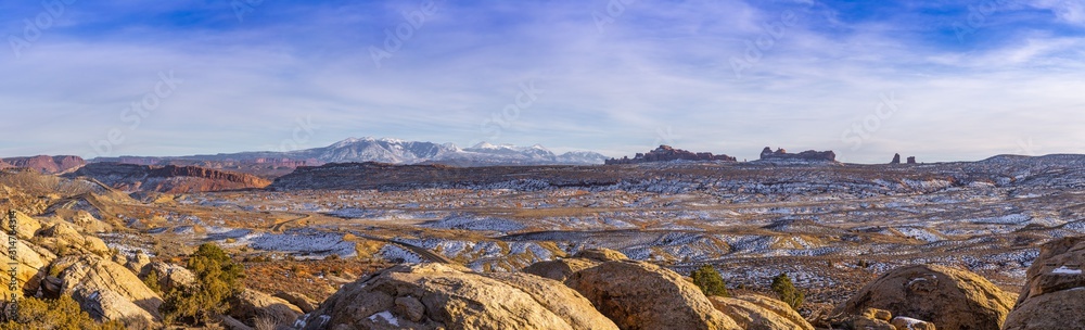 View on typical rock formations in Conyonlands National Park in Utah in winter