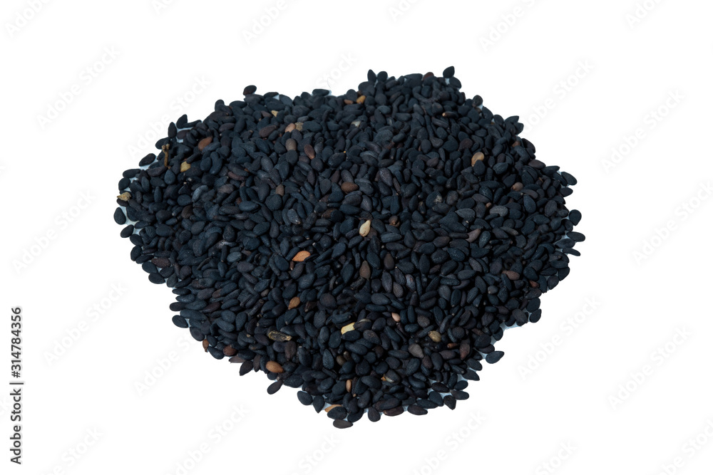 Pile of black sesame seeds isolated on white background. No people. Pile of black sesame seeds isolated on white background. No people.