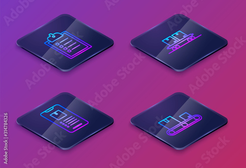 Set Isometric line Verification of delivery list clipboard , Mobile phone with app delivery tracking , Railway carriage and Conveyor belt with cardboard box . Blue square button. Vector