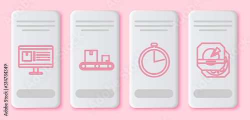 Set line Computer monitor with app delivery tracking , Conveyor belt with cardboard box , Stopwatch and Pizza in cardboard box . White rectangle button. Vector