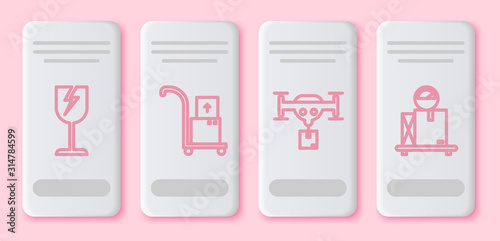 Set line Fragile broken glass symbol, Hand truck and boxes , Delivery drone with the package and Scale with cardboard box . White rectangle button. Vector