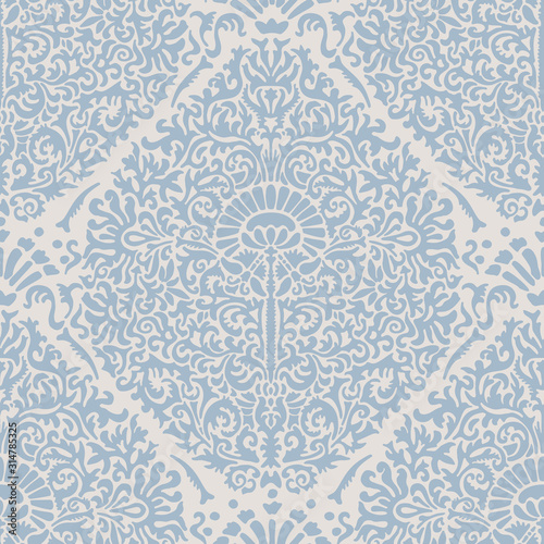 French blu shabby chic damask vector texture background. Antique ecru blue flourish seamless pattern. Hand drawn ornate floral interior wallpaper home decor swatch. Classic baroque style allover print