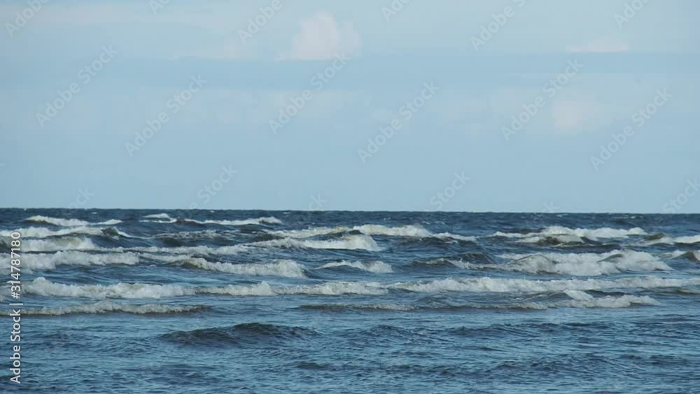 Rough Wavy Baltic Sea and Seagull Flying Over. Coastline of Latvia Wide Shot Rough Wavy Baltic Sea and Seagull Flying Over. Coastline of Latvia Wide Shot