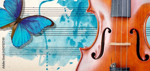 Photo Butterfly, violin and notes