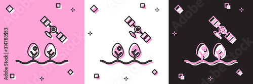 Set Smart farm with drone control and tree icon isolated on pink and white, black background. Innovation technology for agricultural company. Vector Illustration