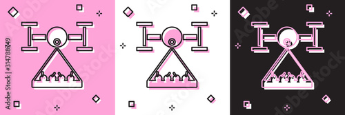 Set Smart farm with drone control collects harvest icon isolated on pink and white, black background. Innovation technology for agricultural company. Vector Illustration