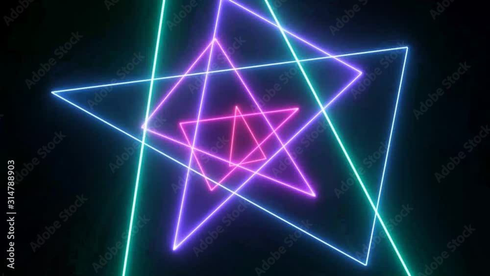 Seamless Loop of Glowing Triangle Spinning in Dark Background, Colorful Flourescent Neon Ultraviolet Light Stage Lighting Seamless Loop of Glowing Triangle Spinning in Dark Background, Colorful Flourescent Neon Ultraviolet Light Stage Lighting