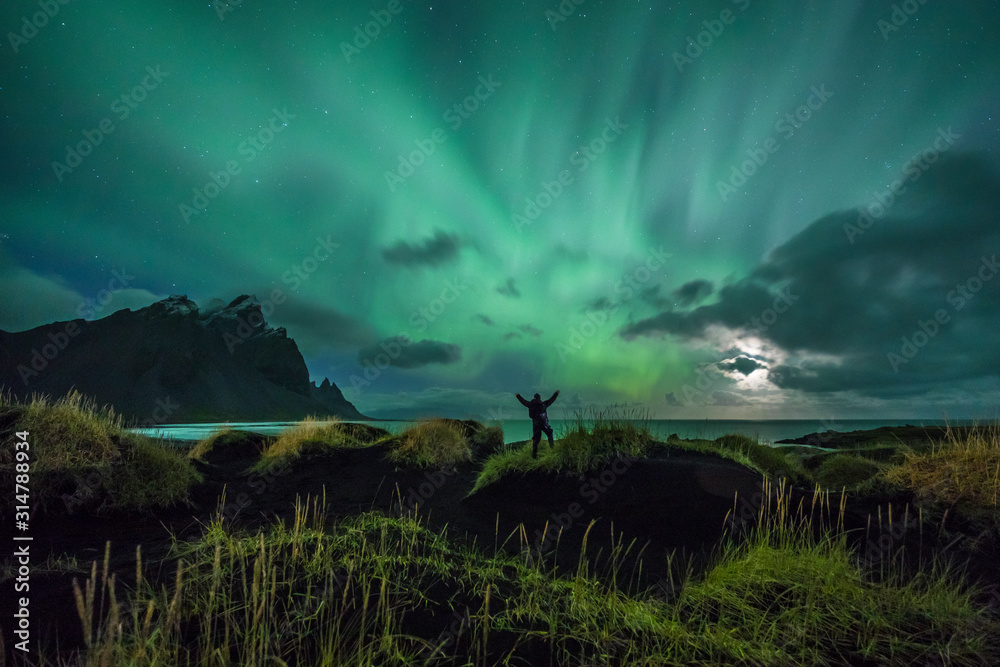 Aurora Borealis (Northern Lights) above Stokksnes Beach and Vestrahorn