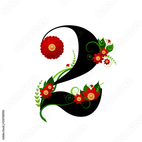 Chiffre floral numéro 2 (deux) décoré d’une plante grimpante à fleur rouge.