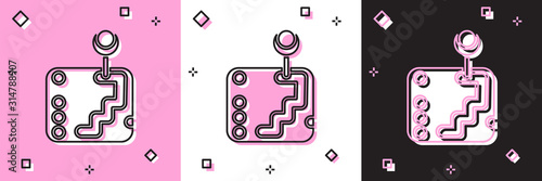 Set Gear shifter icon isolated on pink and white, black background. Transmission icon. Vector Illustration