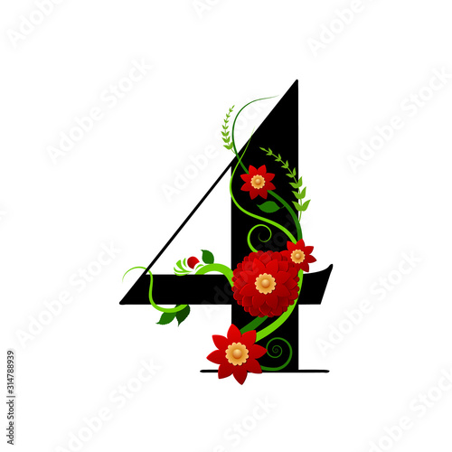 Chiffre floral numéro 4 (quatre) décoré d’une plante grimpante à fleur rouge.