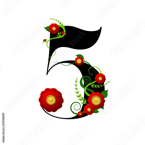 Chiffre floral numéro 5 (cinq) décoré d’une plante grimpante à fleur rouge.