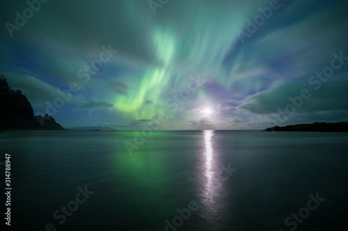 Aurora Borealis  Northern Lights  above Stokksnes Beach and Vestrahorn Mountains  Iceland