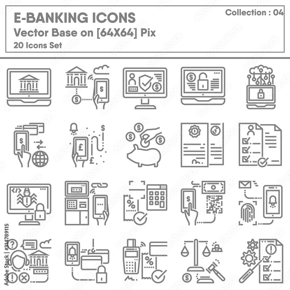Business Finance E-Banking and Money Transaction Icons Set, Icon Collection for Technology Internet Online Banking. Mobile Payment and Convenience Currency Exchange, Infographic Illustration Design.