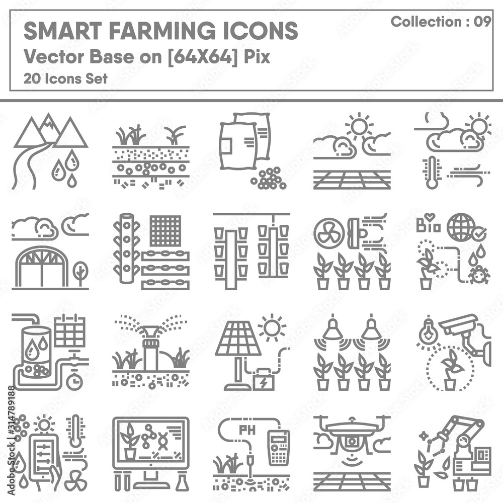 Smart Farming and Agricultural Technology Icons Set, Icon Collection of Intelligence Farm Monitor System. Business Cultivation Farming Control on Mobile and Computer. Illustration Design