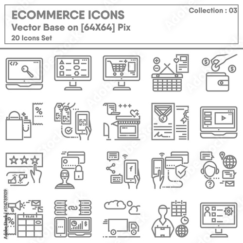 E-commerce Shopping Online and Marketing Network Icons Set, Icon Collection for Business Market Website Advertising. Store Internet Online and Mobile Convenience Shop, Infographic Illustration Design.