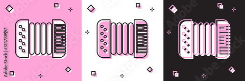 Set Musical instrument accordion icon isolated on pink and white, black background. Classical bayan, harmonic. Vector Illustration