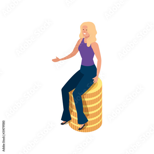 beautiful woman sitting in stack coins isolated icon