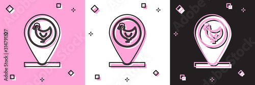 Set Chicken farm and location icon isolated on pink and white, black background. Vector Illustration