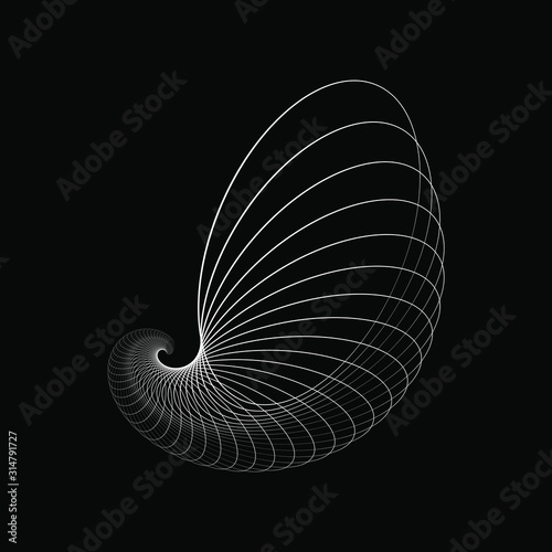 White ellipse shape in spiral form. Geometric art. Design element for logo, tattoo, sign, symbol, prints, web pages, template, posters, monochrome pattern and abstract background