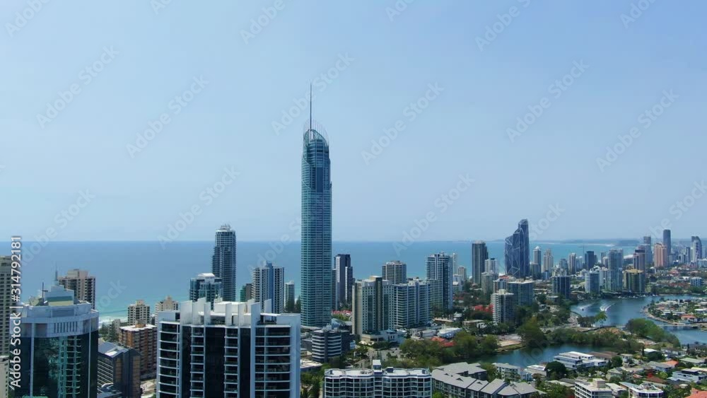 Q-one, Gold Coasts tallest building, Beautiful summers day, pull back reveal Q-one, Gold Coasts tallest building, Beautiful summers day, pull back reveal