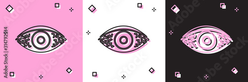 Set Reddish eye due to viral, bacterial or allergic conjunctivitis icon isolated on pink and white, black background. Vector Illustration