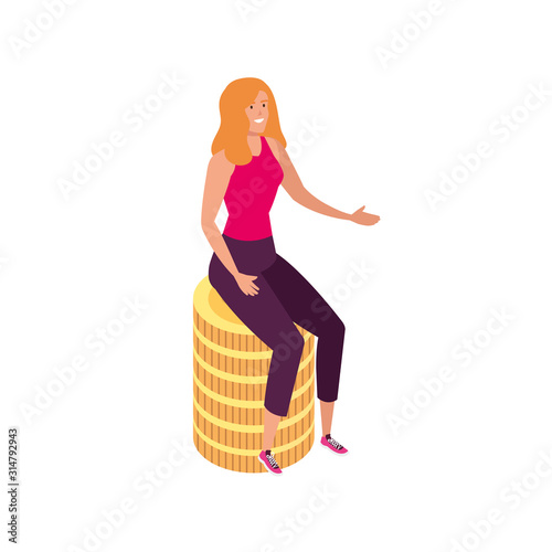 beautiful woman sitting in stack coins isolated icon