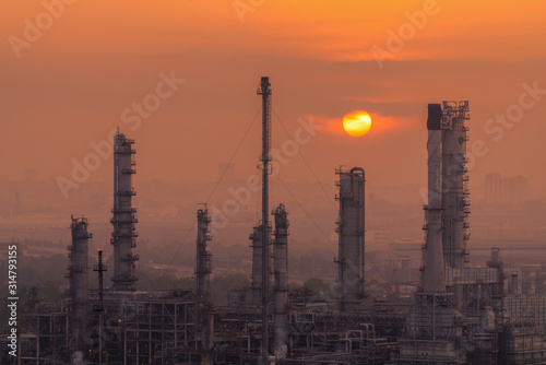 Oil refinery and plant at twilight.