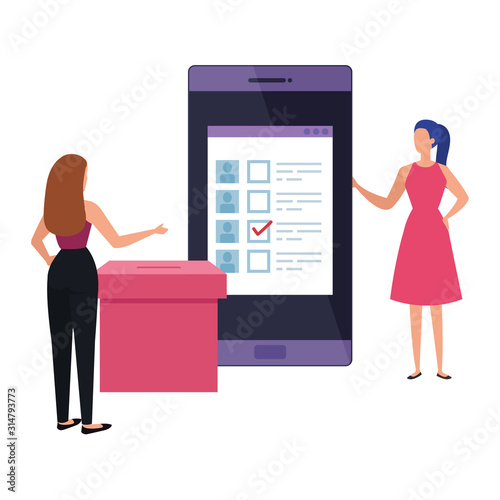 business women with ballot box and smartphone vector illustration design
