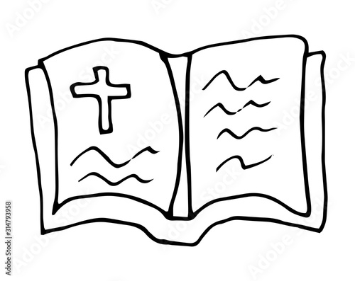Doodle style bible or book with christian cross. Vector hand-drawn illustration isolated on white background.