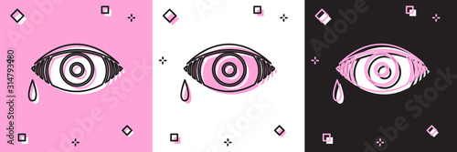 Set Reddish eye due to viral, bacterial or allergic conjunctivitis icon isolated on pink and white, black background. Vector Illustration