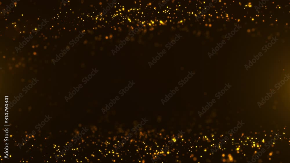 gold particles abstract background with shining golden floor particle stars dust.Beautiful  futuristic glittering fly movement flickering loop in space on black background.