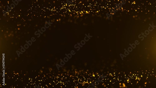 gold particles abstract background with shining golden floor particle stars dust.Beautiful  futuristic glittering fly movement flickering loop in space on black background.