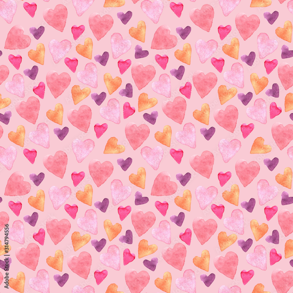 Seamless pattern with hand-drawn watercolor hearts on a pink rose background. Valentine's day texture for design of wrapping paper, postcards, fabric and other souvenir products Seamless pattern with hand-drawn watercolor hearts on a pink rose background. Valentine's day texture for design of wrapping paper, postcards, fabric and other souvenir products