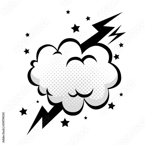 Photo cloud with thunderbolt and stars pop art style icon vector illustration design