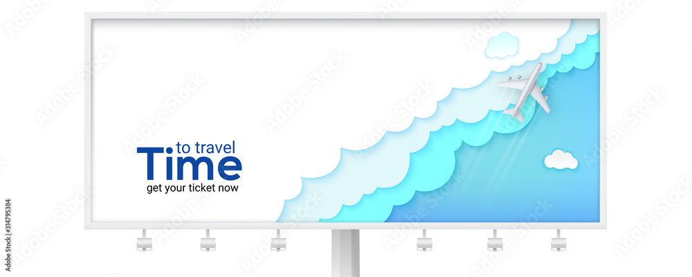 Billboard with passenger plane is flying above the clouds. Advertisement of time to travel. Sky carved from multi layered paper. Airplane and background cut out of paper. Vector 3d illustration, EPS10