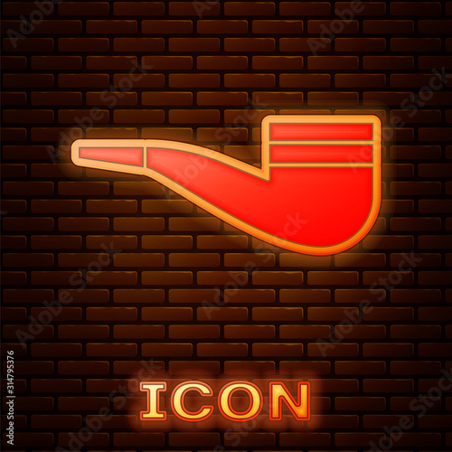 Glowing neon Smoking pipe with smoke icon isolated on brick wall background. Tobacco pipe. Vector Illustration