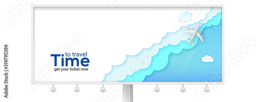 Billboard with passenger plane is flying above the clouds. Advertisement of time to travel. Sky carved from multi layered paper. Airplane and background cut out of paper. Vector 3d illustration, EPS10