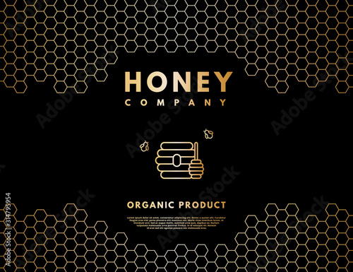 Honey logo with gold gradient honeybee, beehive and honey stick in frame honeycombs.