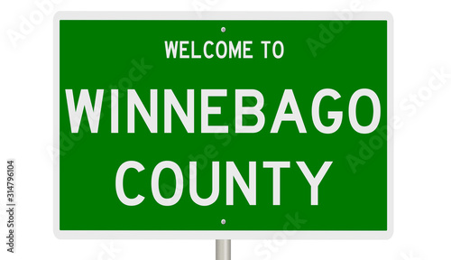 Rendering of a green 3d highway sign for Winnebago County