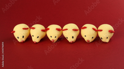 Chinese New Year rat mouse shaped cookie on red background