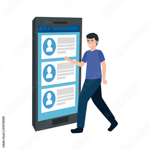 young man and smartphone with chat isolated icon vector illustration design