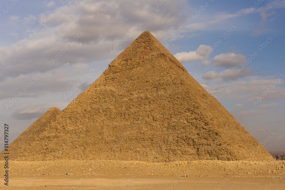 The great pyramids of Giza of Pharaohs Khufu (Cheops) and Khafre (Chephren). The first Wonder of the ancient world, located near Cairo. The great pyramids of Giza of Pharaohs Khufu (Cheops) and Khafre (Chephren). The first Wonder of the ancient world, located near Cairo.