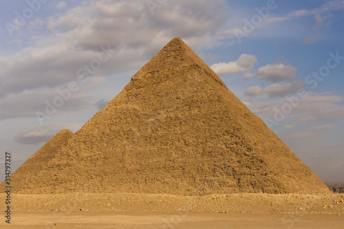 The great pyramids of Giza of  Pharaohs Khufu  Cheops  and Khafre  Chephren . The first Wonder of the ancient world  located near Cairo.