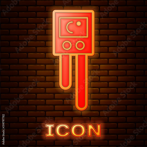 Glowing neon Temperature and humidity sensor icon isolated on brick wall background. Vector Illustration