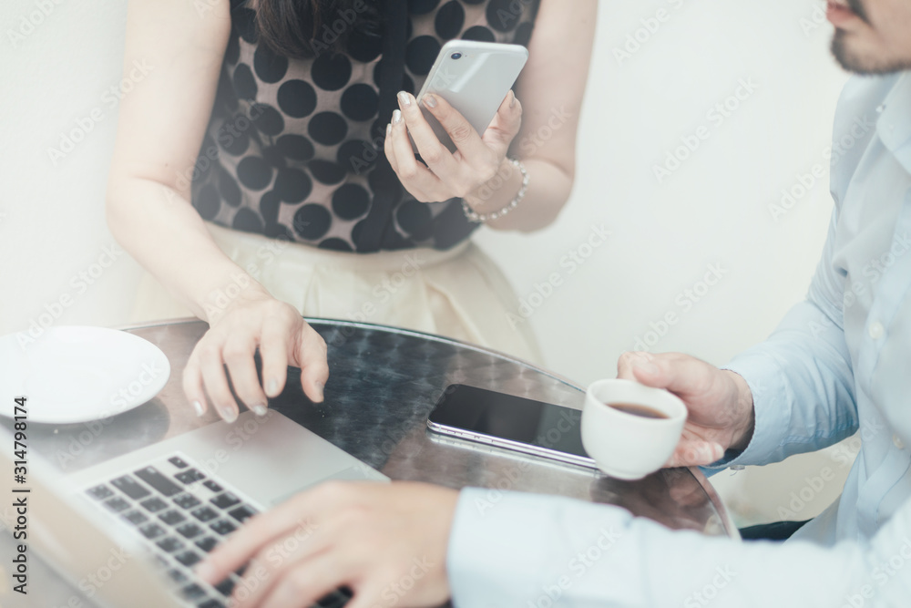 Fototapeta premium contact marketing businessman professional people thinking while working writing information documents in home offices at desk with computer,laptop,cell phone,business report chart