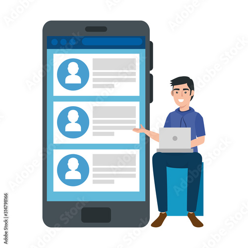 young man with laptop and smartphone vector illustration design